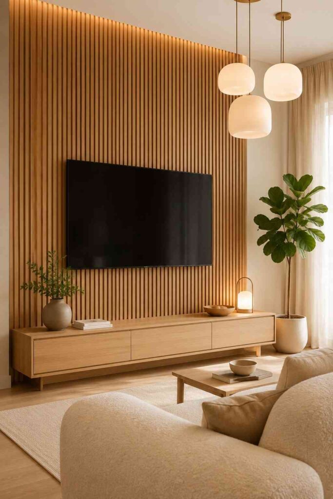 Natural oak vertical wood slat TV wall with boucle sofa and fiddle leaf fig in warm Scandinavian living room