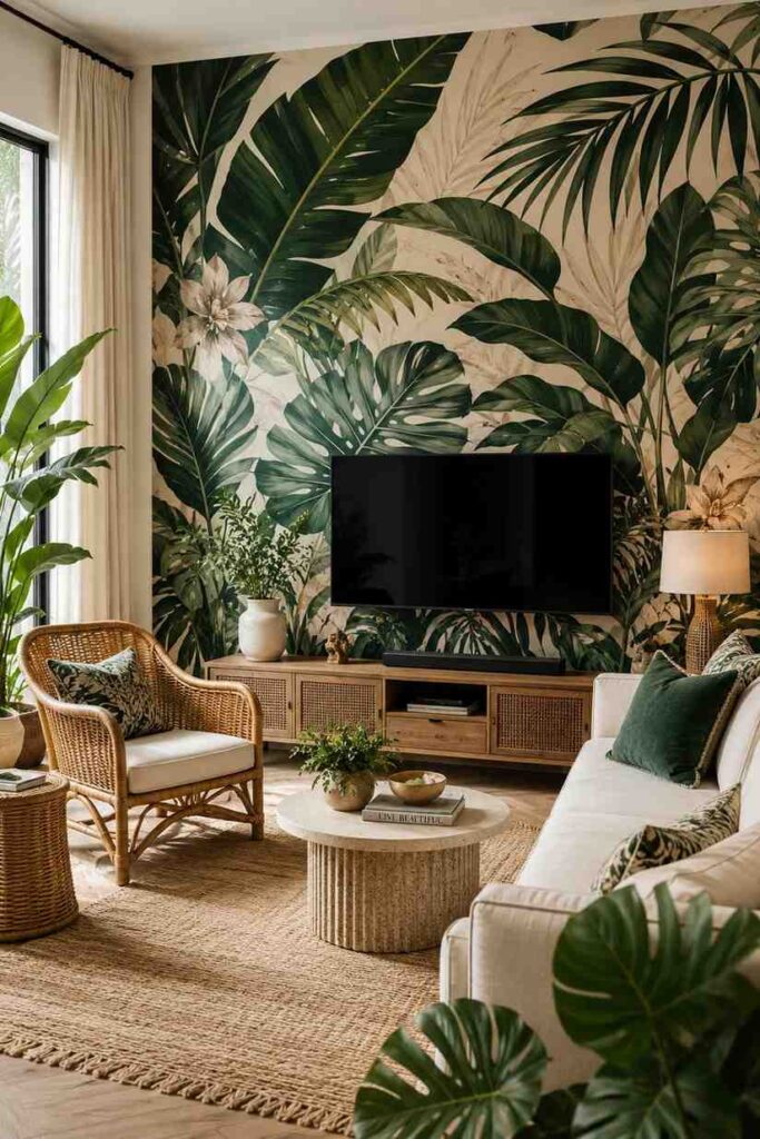 Bold emerald green botanical wallpaper TV wall with rattan chair and linen sofa in maximalist living room