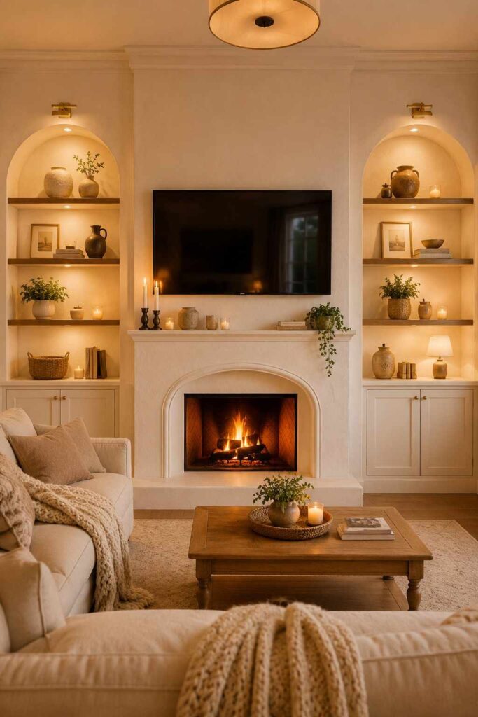 White plaster fireplace and TV combined feature wall with built-in alcoves and warm golden lighting in cozy living room