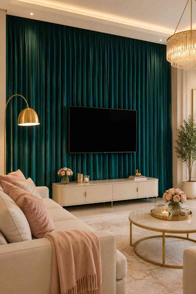 Floor to ceiling teal velvet curtain TV wall backdrop with cream sofa blush cushions and gold lamp in elegant living room