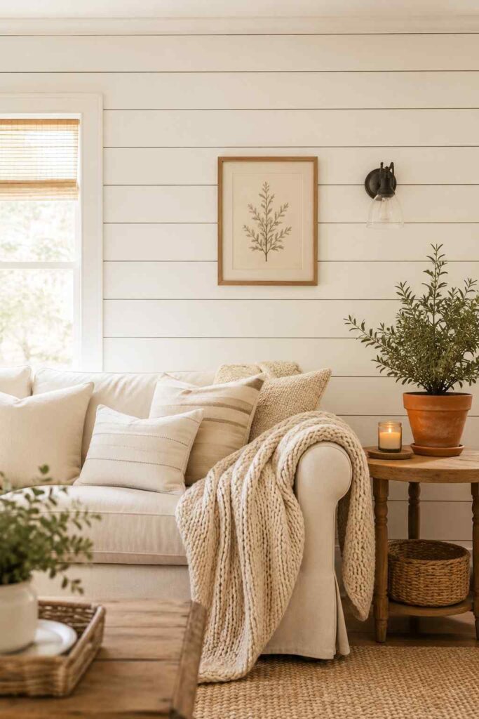 Warm white shiplap panel wall in cozy farmhouse living room with cream sofa knit throw and terracotta plant pot