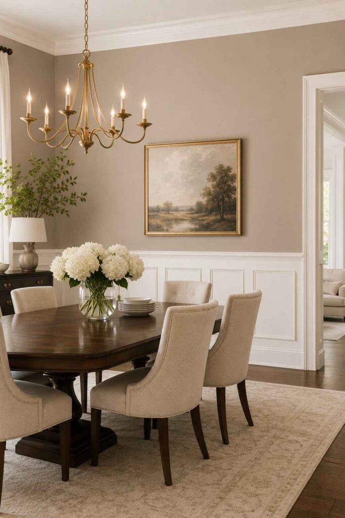 Classic white wainscoting with warm taupe upper wall dark wood dining table and chandelier in elegant dining room