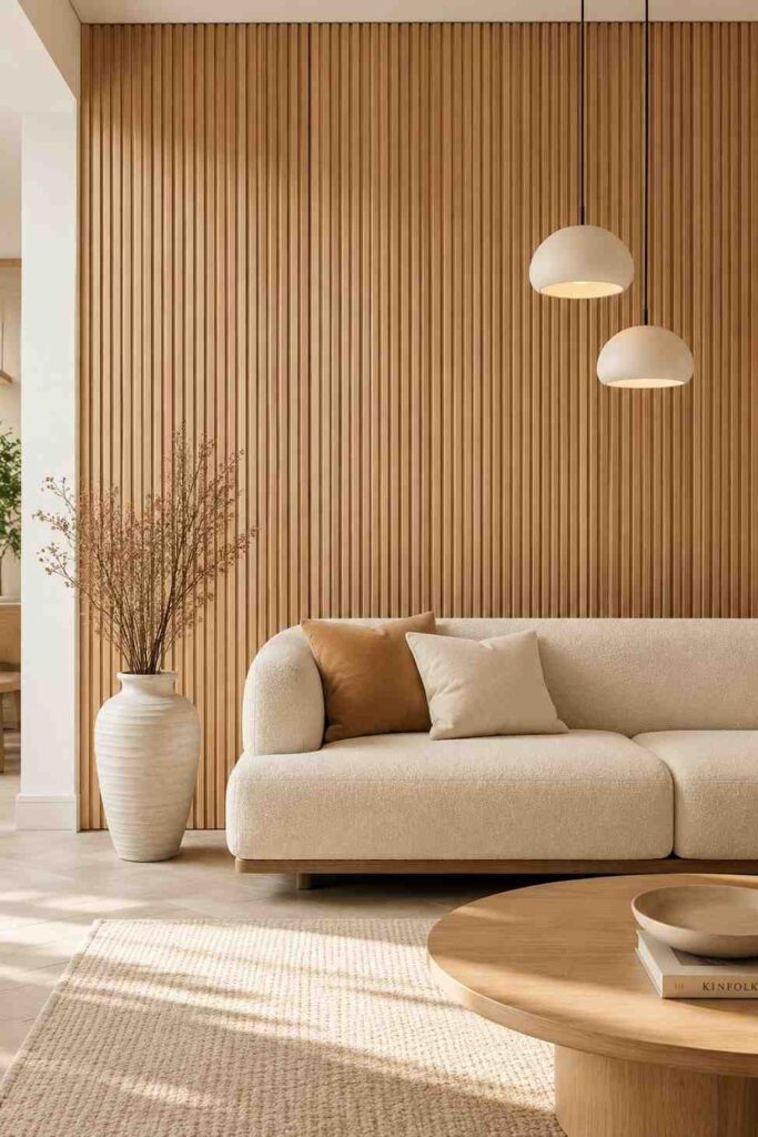 Natural oak fluted panel feature wall with cream boucle sofa ceramic vase and pendant lighting in modern living room