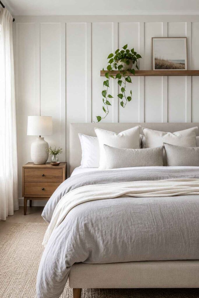 White board and batten panel wall behind linen bed with soft grey bedding wooden nightstand and trailing plant in bright bedroom