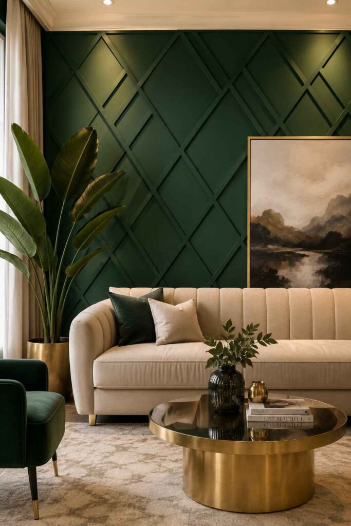 Deep forest green geometric diamond panel feature wall with cream velvet sofa and gold brass accents in dramatic living room