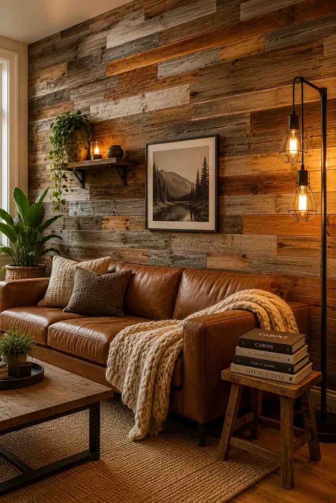 Rustic reclaimed wood panel wall in mixed warm tones with tan leather sofa Edison lamp and chunky knit throw in cozy living room