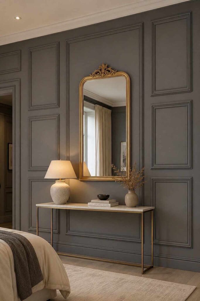 Deep charcoal tonal picture frame molding wall with gold mirror console table and ceramic lamp in sophisticated hallway