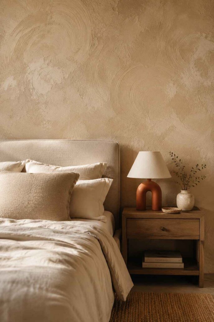 Warm sandy beige textured plaster feature wall with linen bed cream pillows and arched terracotta lamp in serene bedroom