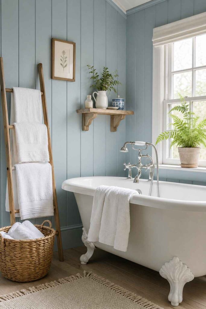 Duck egg blue vertical tongue and groove panel walls with white clawfoot bathtub woven basket and fern in cottage bathroom
