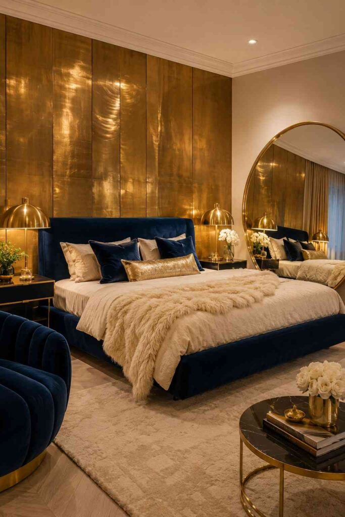 Brushed brass metallic panel wall with sapphire blue velvet bed gold lamps and faux fur throw in glamorous art deco bedroom