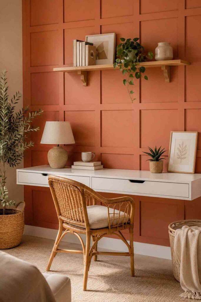 Warm terracotta painted MDF grid panel wall with white desk rattan chair and potted succulent in stylish budget home office