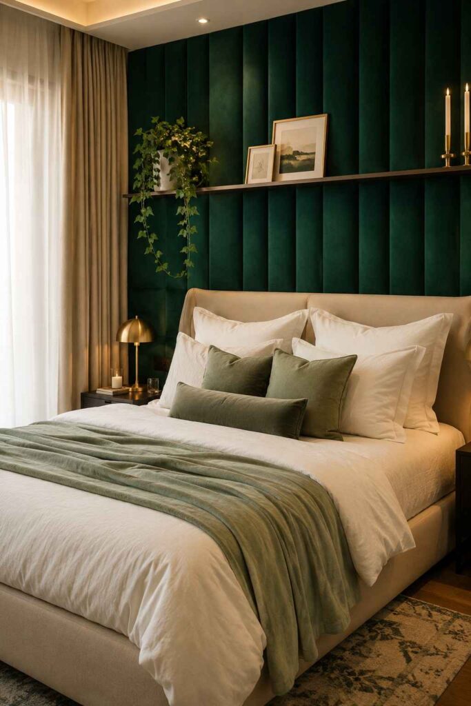 Deep emerald green velvet fabric wrapped panel wall with cream linen bed layered pillows and gold lamp in luxurious cozy bedroom