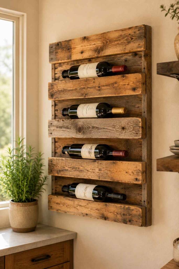 Rustic reclaimed wood wall wine rack with honey brown timber and natural grain holding wine bottles in warm kitchen
