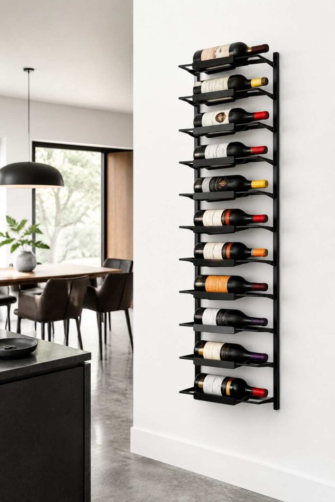 Sleek matte black metal wall mounted wine rack on white wall with colourful wine bottles in modern kitchen