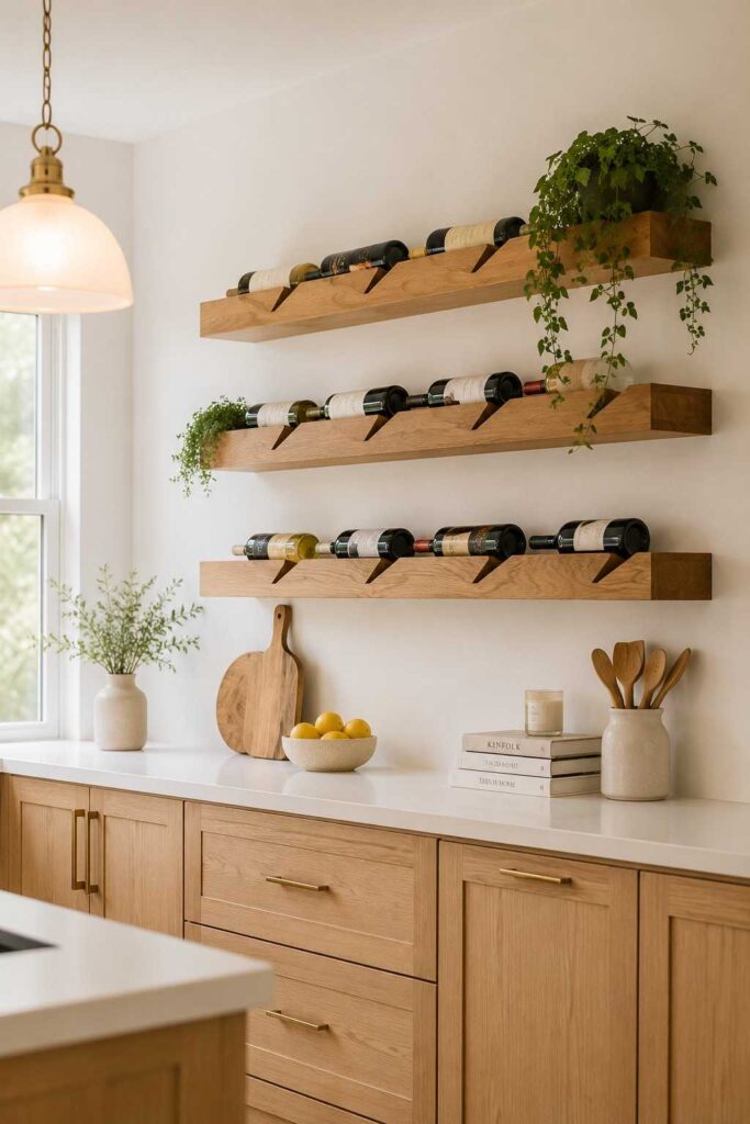 Natural oak floating wooden wine display shelves with angled bottle slots mounted on white wall in bright Scandinavian kitchen
