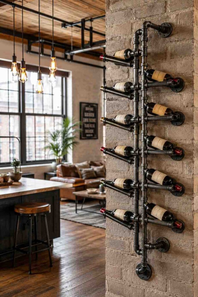 Black iron industrial pipe wall wine rack on exposed brick wall with Edison lighting in urban loft style kitchen