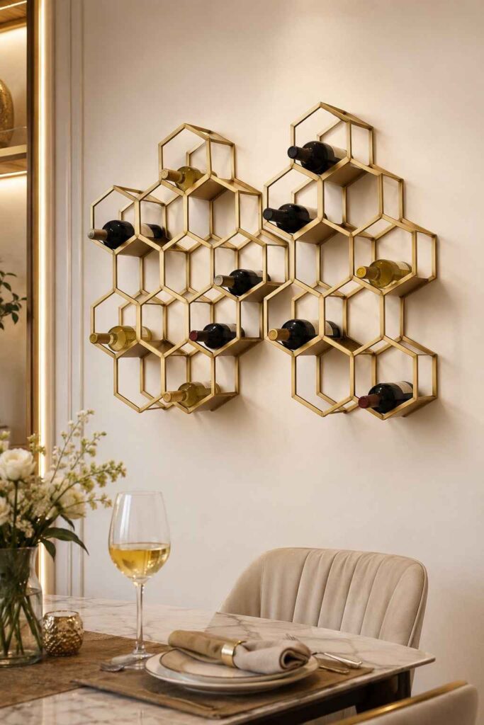 Brushed gold geometric honeycomb metal wine rack as wall art with wine bottles in filled and empty slots on cream wall