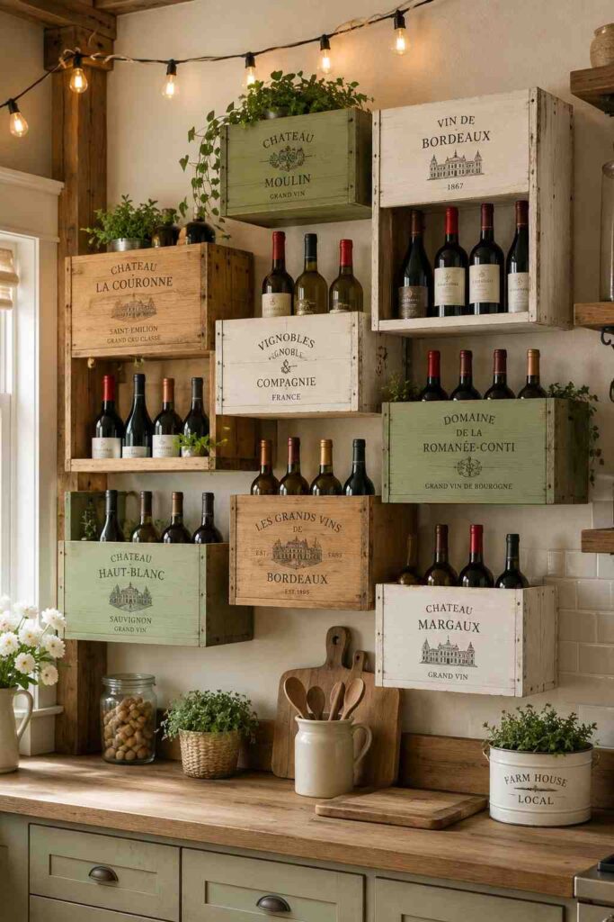 Vintage wooden wine crates mounted in staggered grid on rustic kitchen wall with chalk white and sage green paint accents