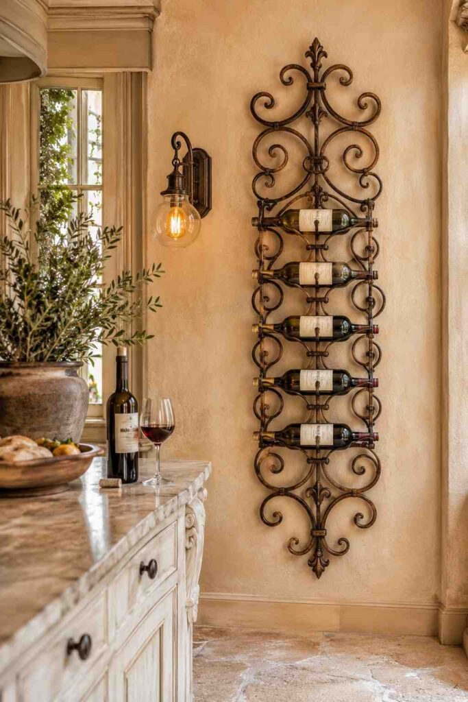 Ornate wrought iron scrollwork wall wine rack in antique bronze on terracotta wall in French country Mediterranean kitchen