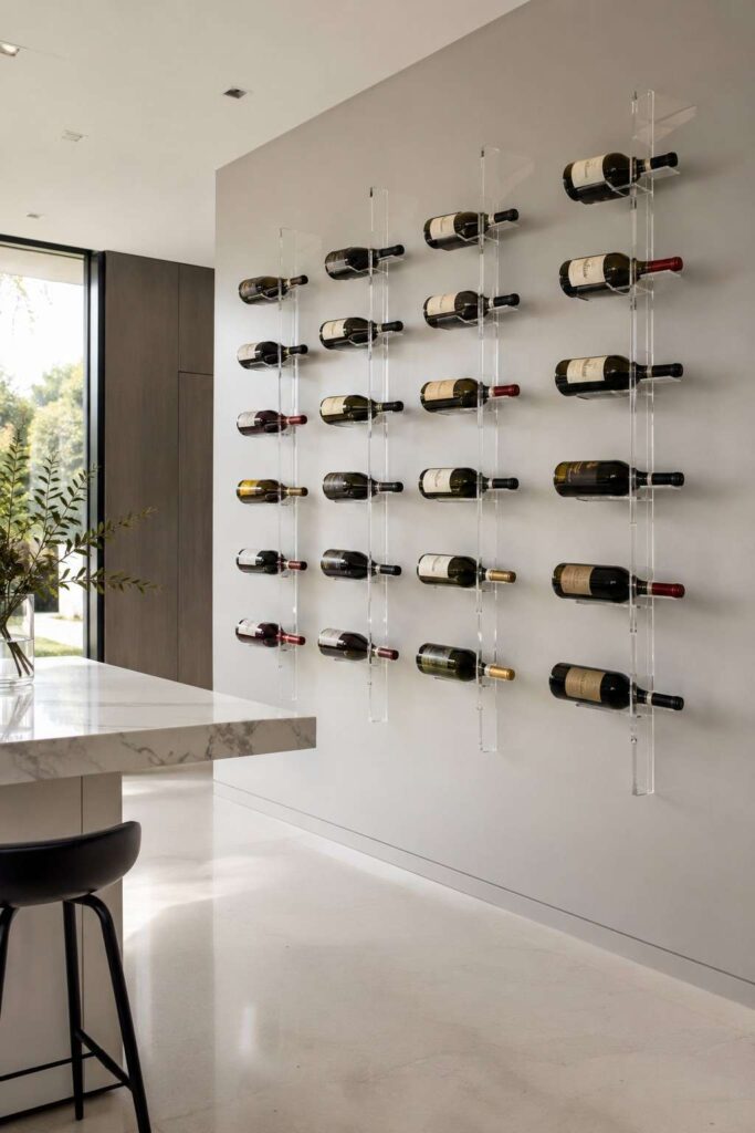 Clear acrylic wall wine rack with floating wine bottles on white wall in sleek minimalist modern kitchen interior