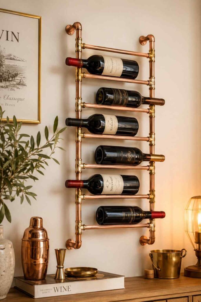 Warm copper pipe wall wine rack with rosy metallic glow holding wine bottles on cream wall in cozy kitchen home bar