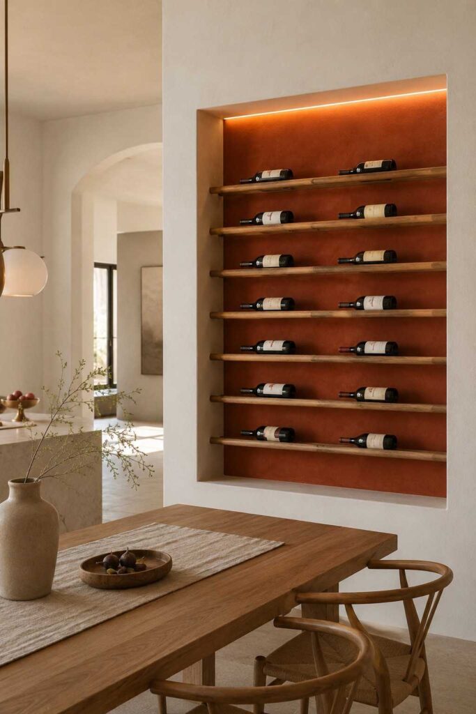 Built-in recessed niche wall wine rack with terracotta interior LED lighting and wooden dowel rails in architectural kitchen dining room