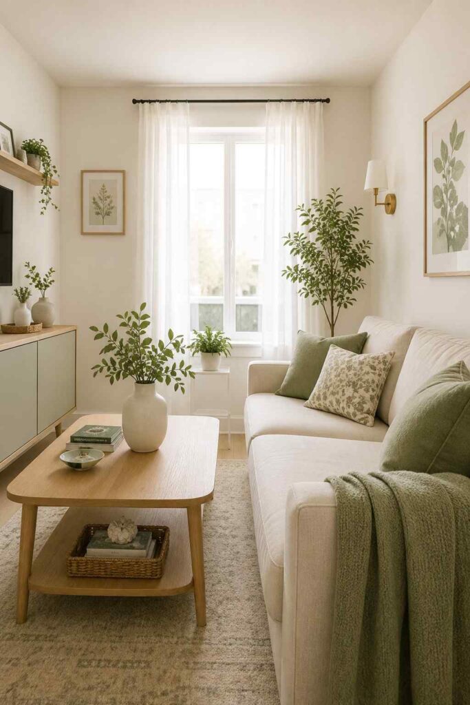 Tiny living room painted in soft white and sage green tones feeling open airy and spacious