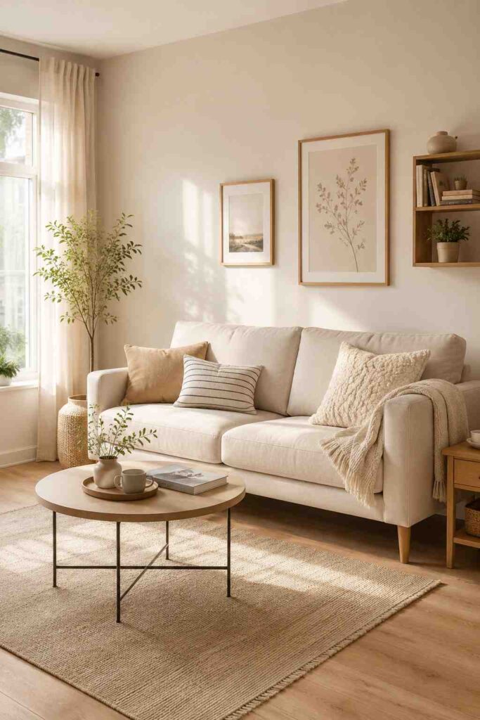 Small living room with linen sofa and coffee table on exposed slim wood legs feeling light and airy