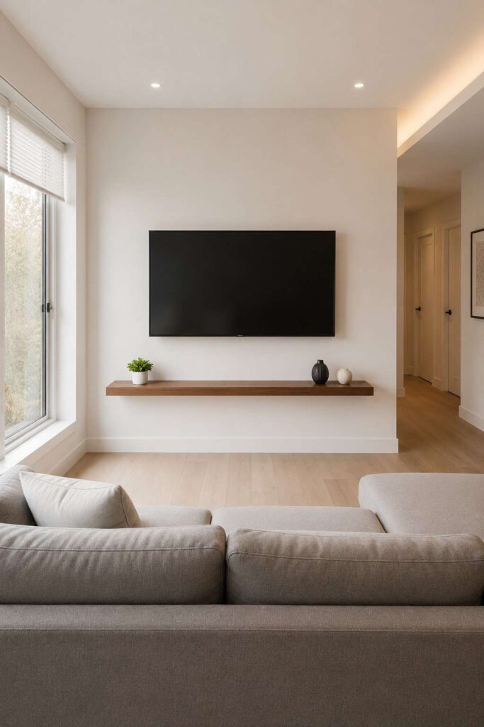 Wall mounted TV with slim floating shelf below in tiny minimalist living room with open floor space