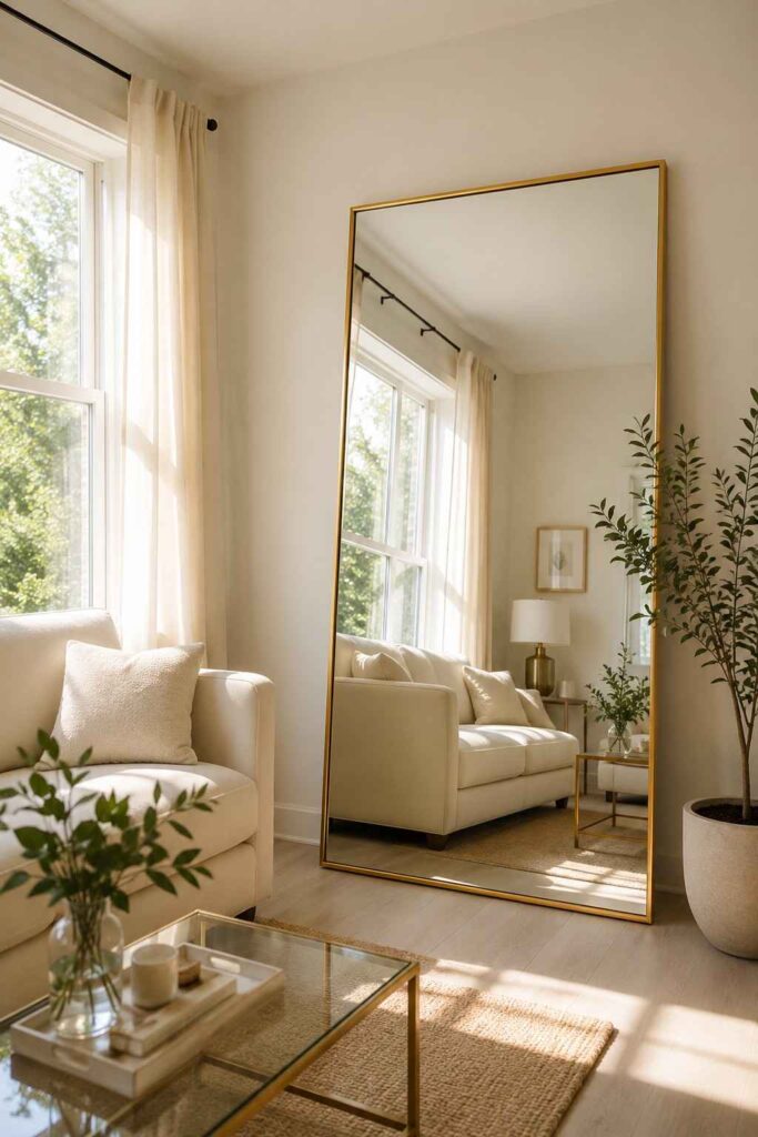 Large gold framed mirror leaning against wall in tiny living room reflecting light and doubling the space