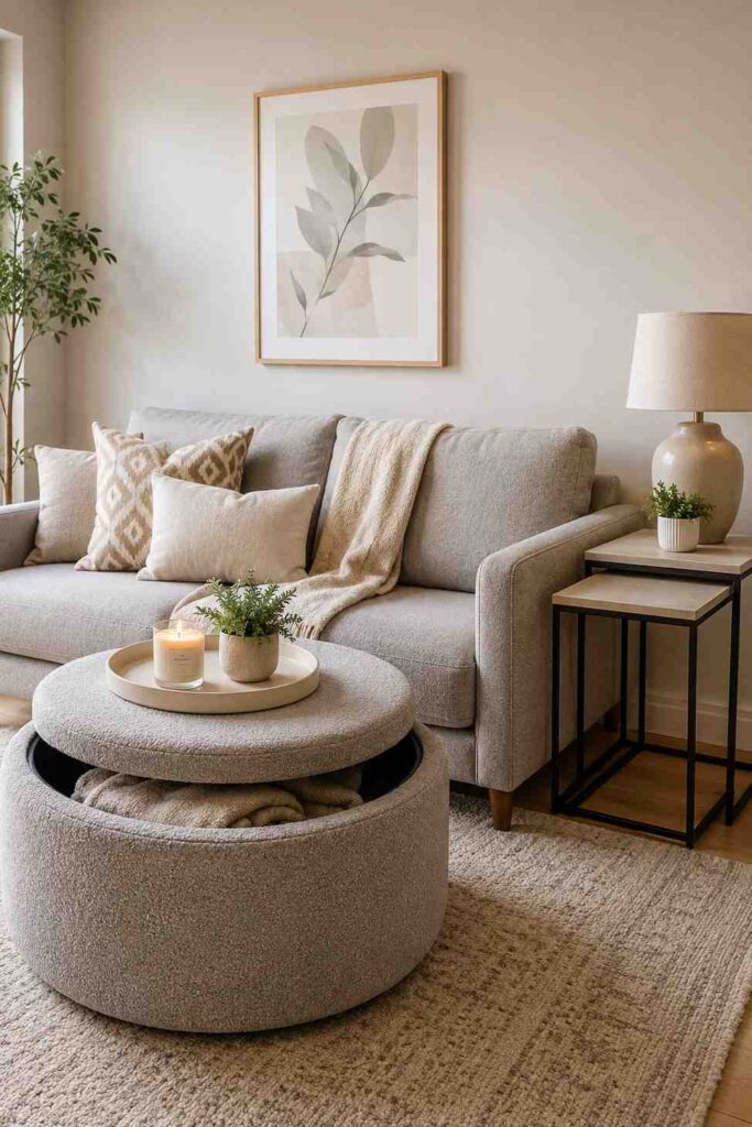 Grey boucle storage ottoman as coffee table with nesting side tables in compact multifunctional living room