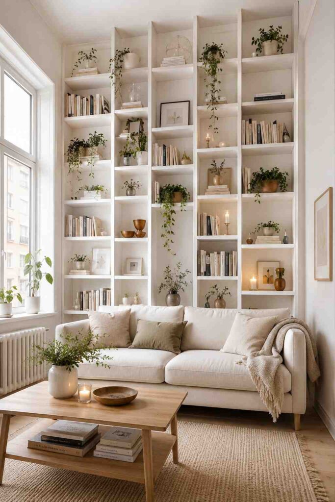 Tall white bookshelves reaching ceiling in tiny living room with styled books plants and candles