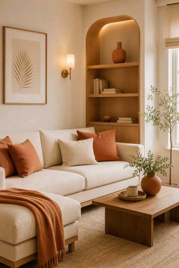 Cohesive warm white and terracotta color palette in small living room with natural wood accents