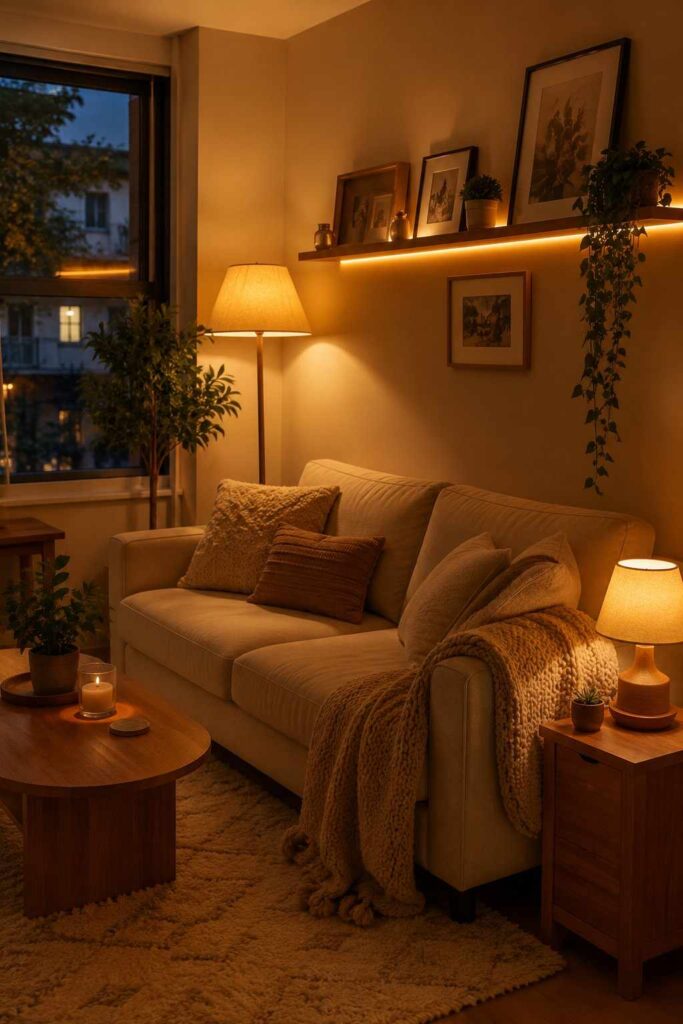 Layered warm lighting with floor lamp table lamp and LED strips creating cozy glow in tiny living room