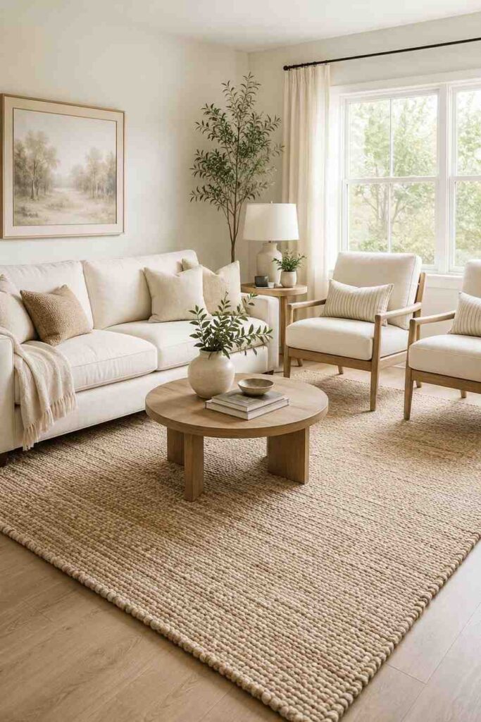 Large ivory woven rug anchoring seating area with sofa legs on top in light and airy tiny living room