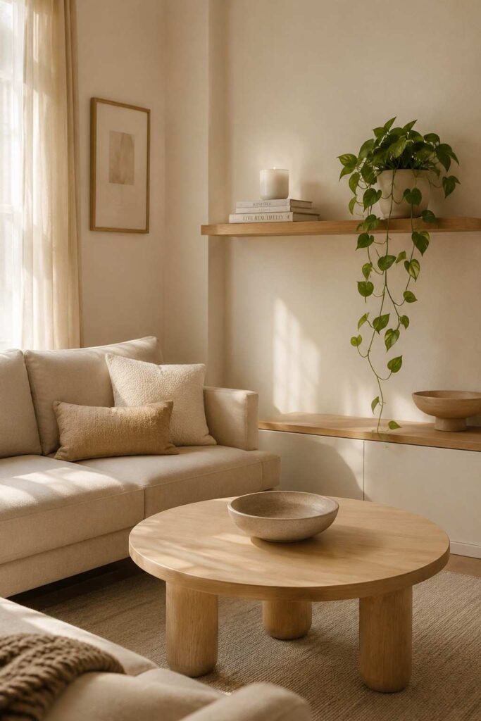 Intentionally styled and decluttered tiny living room with trailing plant stacked books and single decorative bowl