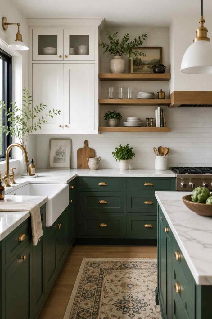 Deep forest green lower cabinets with white upper cabinets brass handles and marble countertops in modern kitchen
