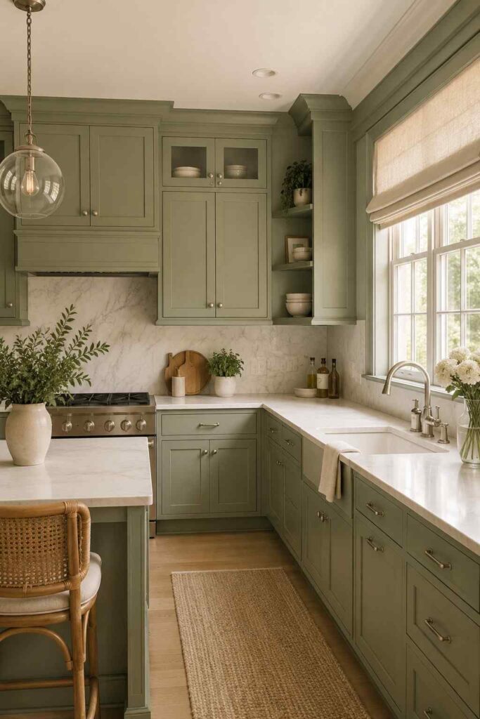  Soft sage green kitchen cabinets with white marble backsplash brushed nickel hardware and cream linen blind