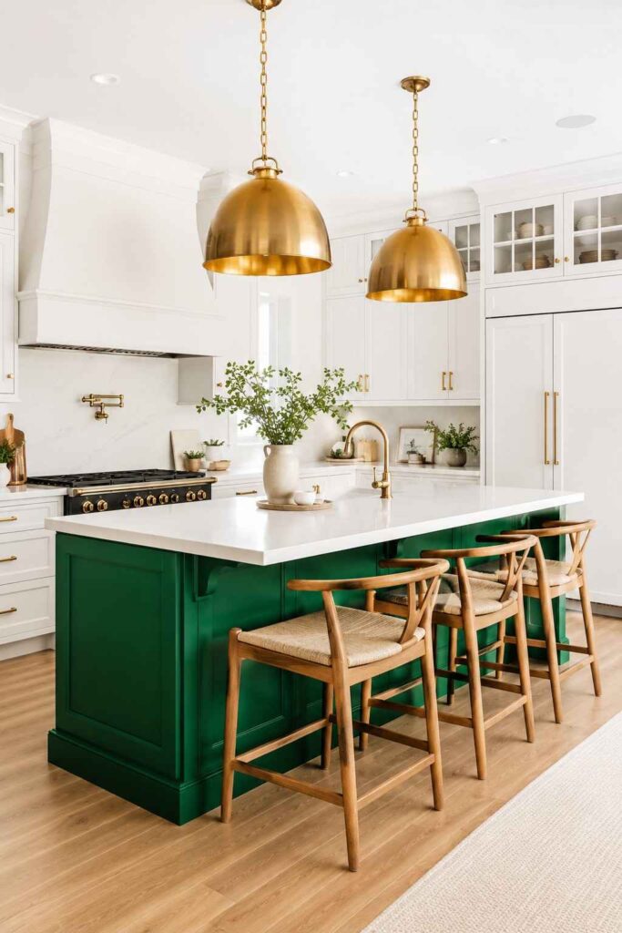Bold emerald green kitchen island with gold pendant lights white cabinets and wood bar stools in luxury kitchen
