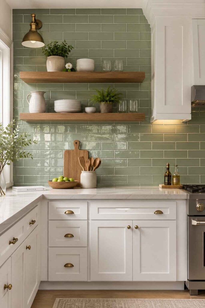 Glossy sage green subway tile backsplash with dark grout white shaker cabinets and wood shelves in fresh kitchen