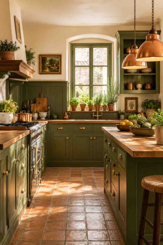Warm olive green cabinets with terracotta tiles butcher block countertops and copper pendant lights in rustic kitchen