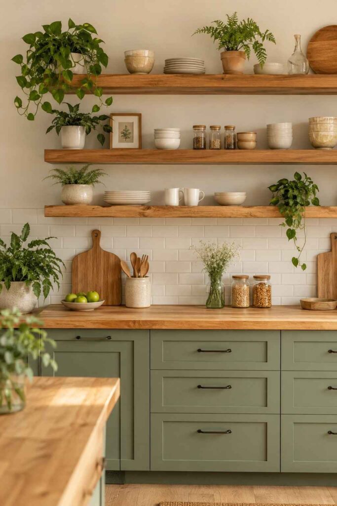 Sage green cabinets with natural oak open shelves butcher block countertop and trailing plants in organic kitchen