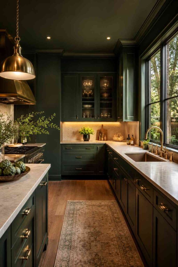 Dark bottle green cabinets walls and ceiling with gold fixtures stone countertops and warm under cabinet lighting