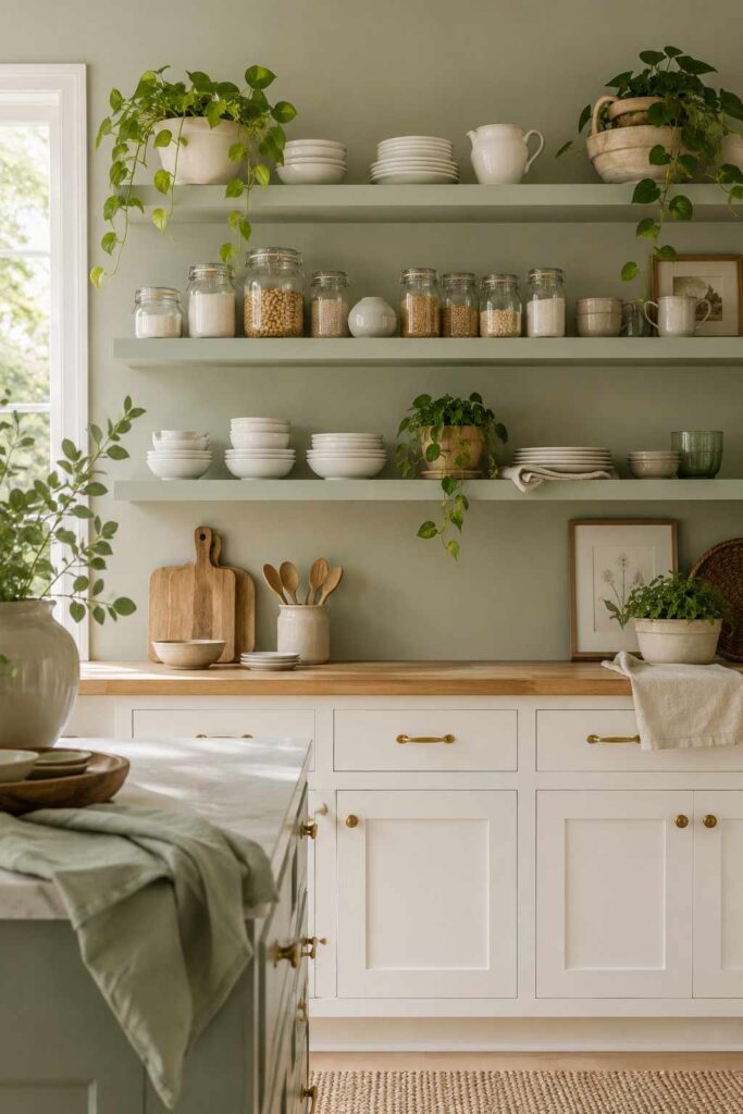 Sage green open floating shelves with white dishes glass jars trailing plants and linen textiles in airy kitchen
