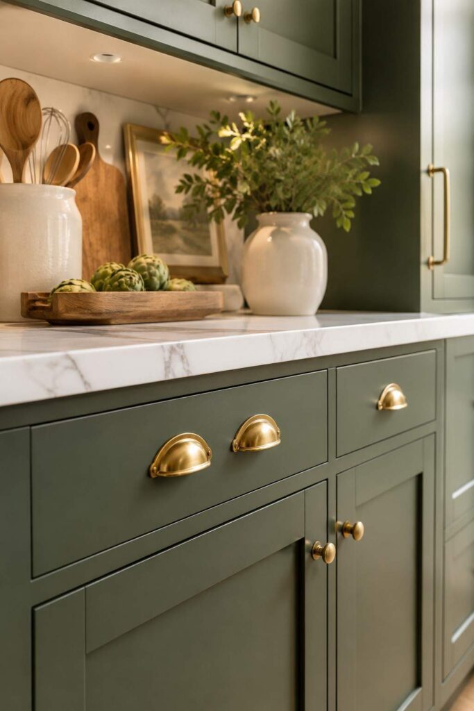 Forest green shaker cabinets with warm brushed brass cup pulls and marble countertop in luxury styled kitchen