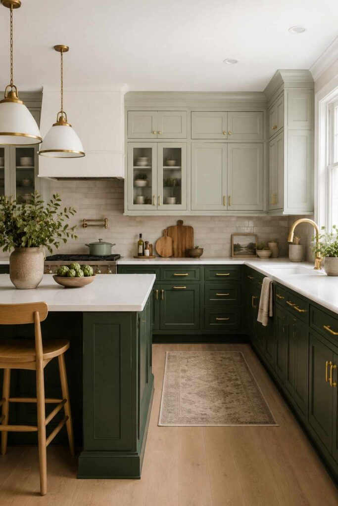 Two tone green kitchen with forest green lower cabinets and soft mint upper cabinets with brass hardware throughout