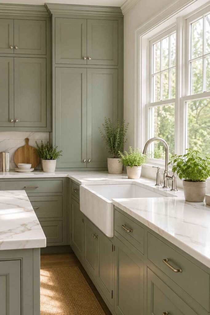 Sage green cabinets with white marble countertops farmhouse sink and herb plants in timeless classic kitchen design