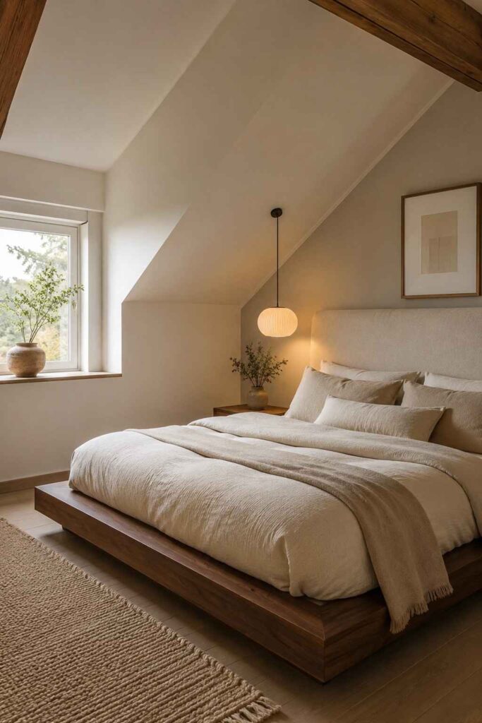 Low platform walnut bed tucked under sloped attic ceiling with linen headboard and pendant light