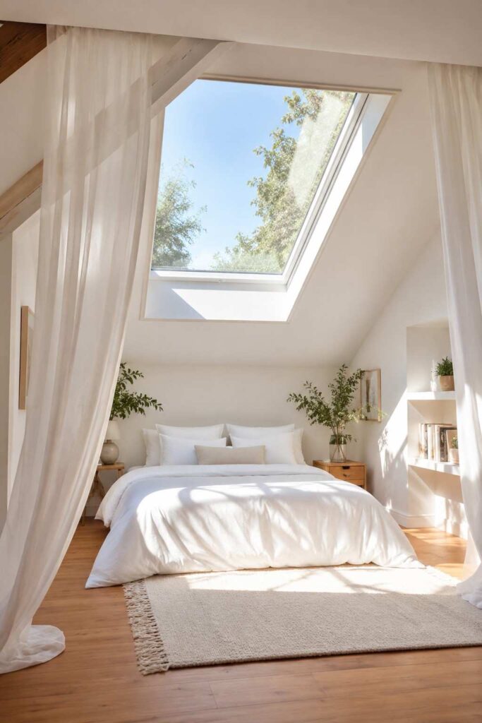 Attic bedroom with large skylight flooding room with natural light above white bedding and wood floors