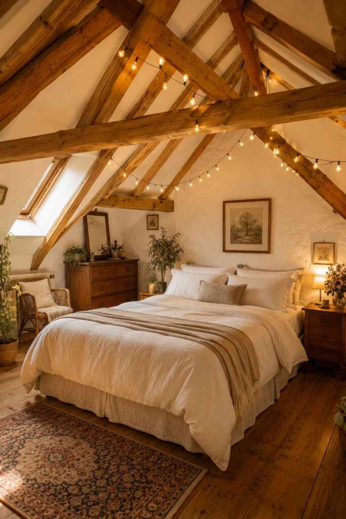 Rustic attic bedroom with exposed honey oak wood beams and fairy lights creating warm romantic atmosphere